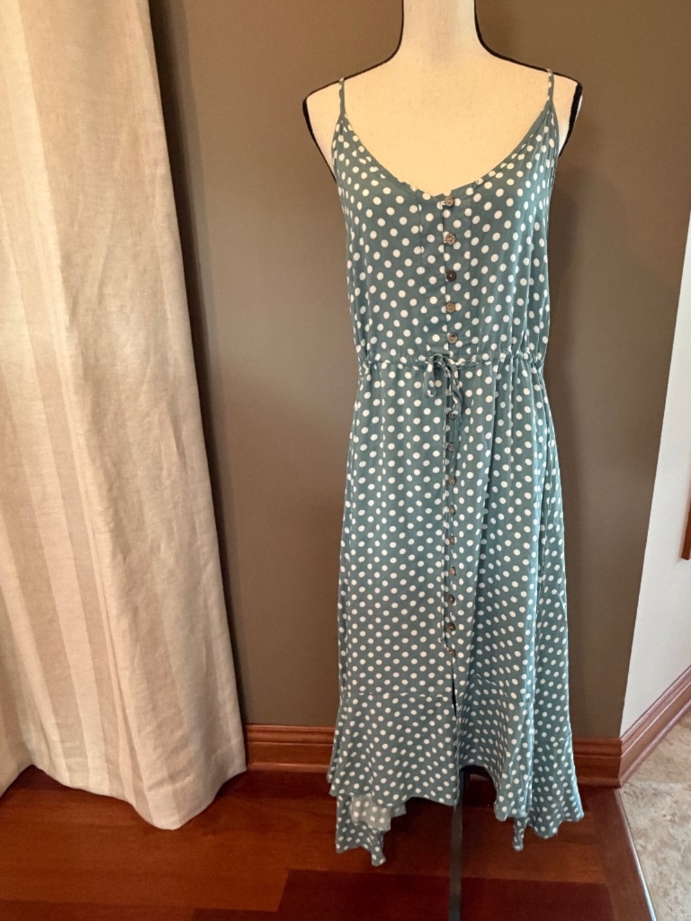 Brovave Green & White Polka Dot Midi Slip Dress Flowy Boho, Size Medium
